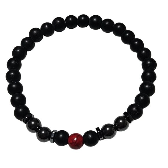 Spiritual Protection Black Red Beaded Stretch Bracelet Hematite Onyx Beads - Picture 1 of 3